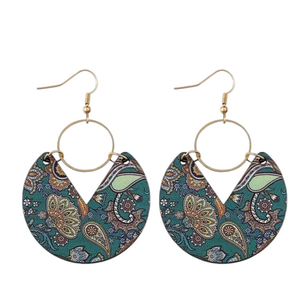 Boho Turquoise Flower and Paisley Geometric Wooden Drop Earrings